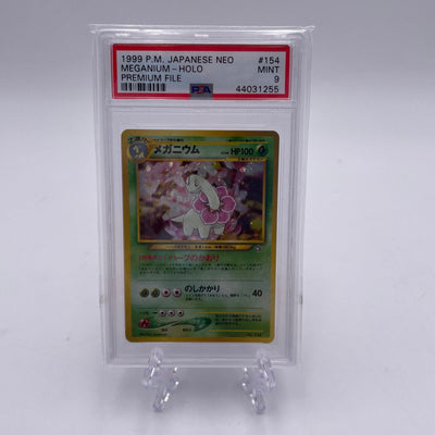 1999 Pokemon Pocket Monsters Japanese Neo Meganium Holo Premium File PSA 9 Mint